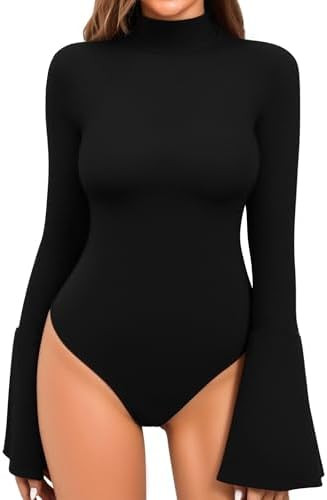 MANGOPOP Bell Sleeve Mock Neck Long Sleeve Bodysuit for Going Out Tops for Women | Amazon (US)