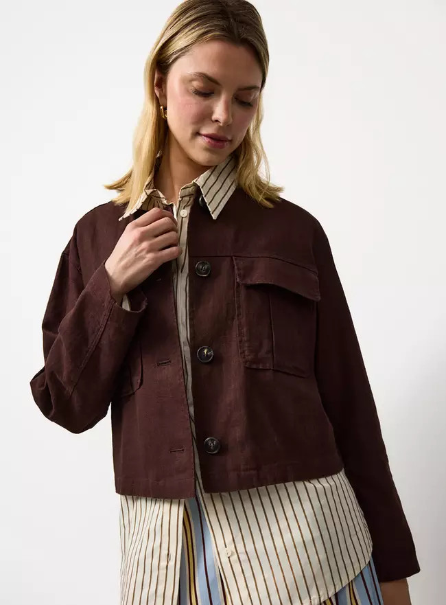 Buy Khaki Cropped Linen Blend Shacket 22 | Coats | Tu | Tu Clothing