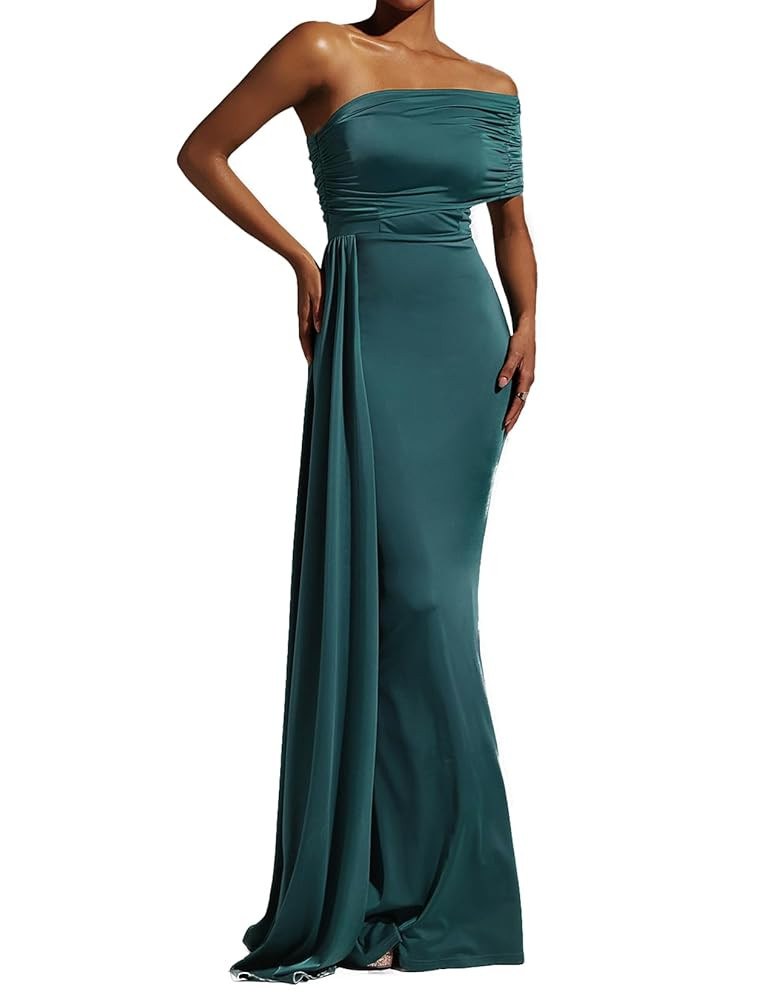 BELLA BARNETT Maxi Green One Shoulder Wedding Guest Dress Sleeveless Ruched Backless Cocktail Dre... | Amazon (US)
