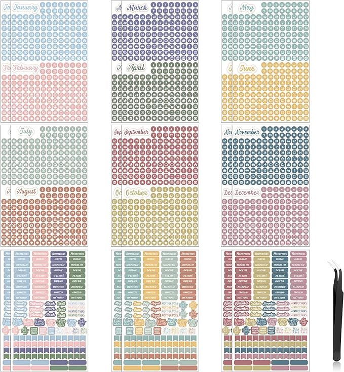 18 Sheets Daily Calendar Stickers Aesthetic Monthly Planner Stickers with Elbow Tweezer Colorful ... | Amazon (US)