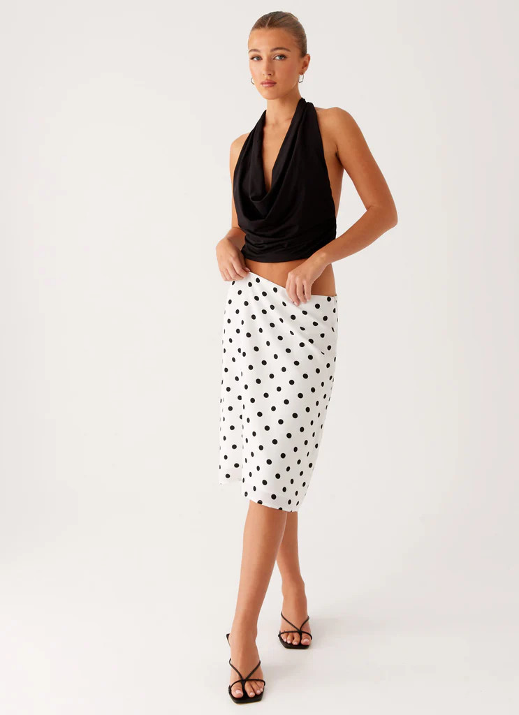 Evoke Chiffon Midi Skirt - White Polka Dot | Peppermayo (Global)