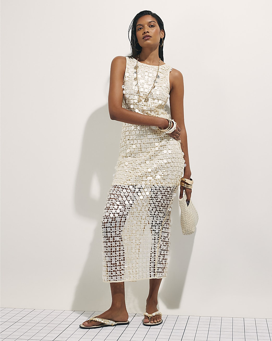 White Sleeveless Sequin Crochet Midi Dress | River Island UK & IE