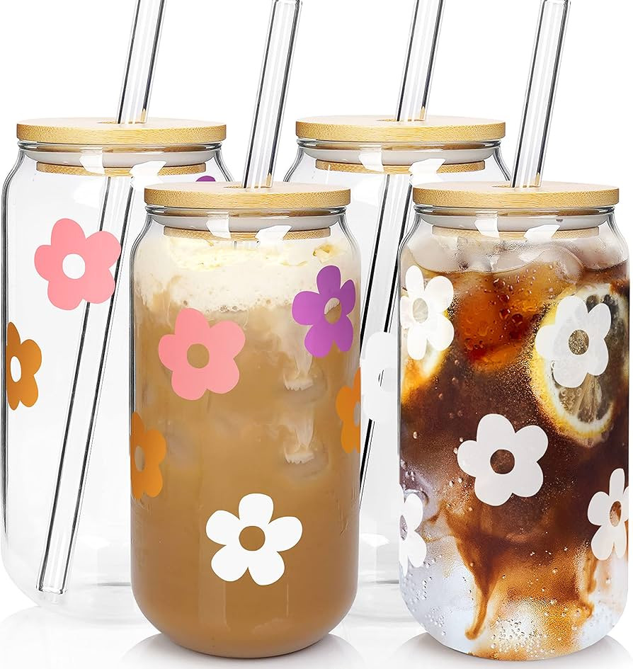 Beer Can Glass with Lids and Straw, Can Shaped Glass Cups, 20OZ Glass Cups, Drinking Glasses, Ice... | Amazon (US)
