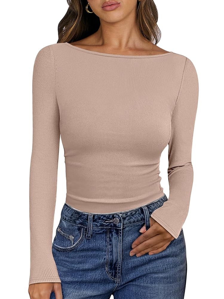 ANRABESS Women's Boat Neck Long Sleeve Shirts Rib Knit Slim Fitting Tops Basic Tees 2025 Casual C... | Amazon (US)