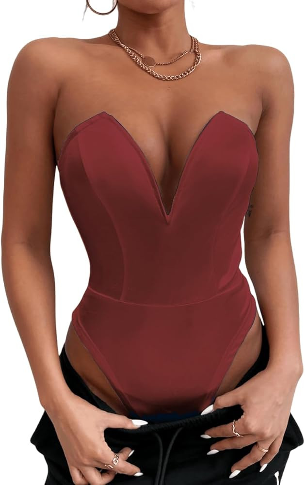 YOXUA Women's Strapless One Piece Triangle Corset Sweetheart Backless Sexy Solid Bodysuit | Amazon (US)