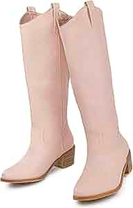 Women's Embroidered Western Cowgirl Boots Chunky Stacked Heel Mid Calf Cowboy Boots Pull On Round... | Amazon (US)