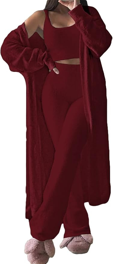 VamJump Womens 3 Piece Lounge Set Scoop Neck Crop Tops High Waist Pants Open Front Cardigan Outfi... | Amazon (US)