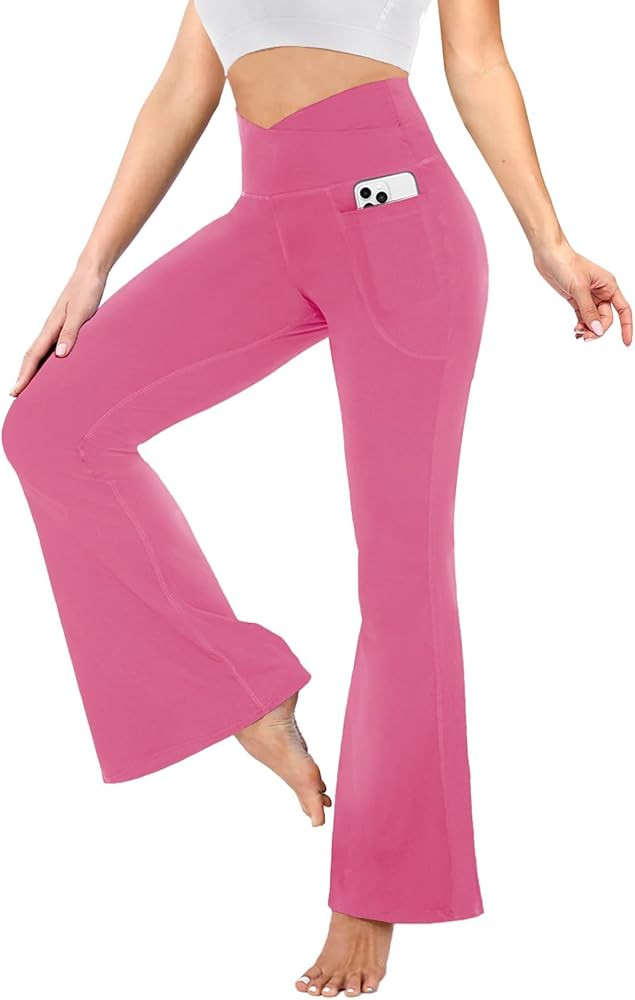 YOLIX Flare Leggings for Women with Pockets - Crossover High Waisted Black Flared Leggings for Yo... | Amazon (US)