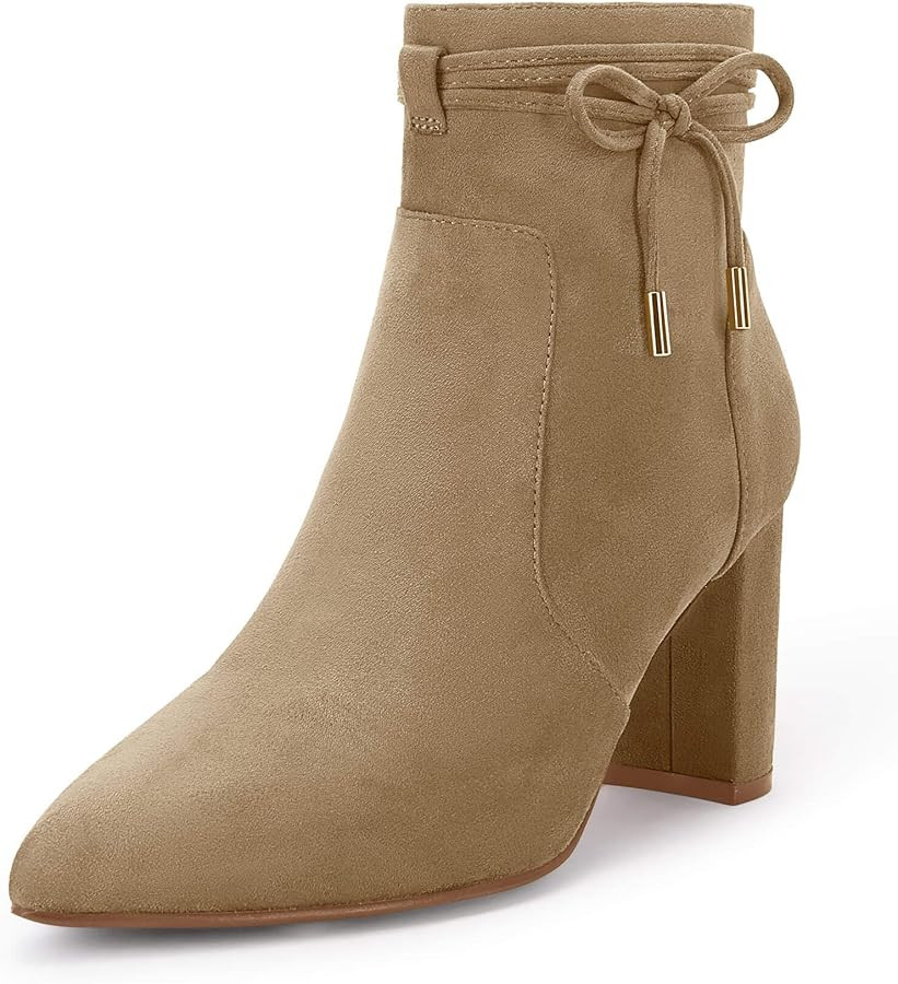 Coutgo Womens Pointed Toe Ankle Boots Chunky Block Heel Tie Knot Side Zipper Dressy Booties | Amazon (US)