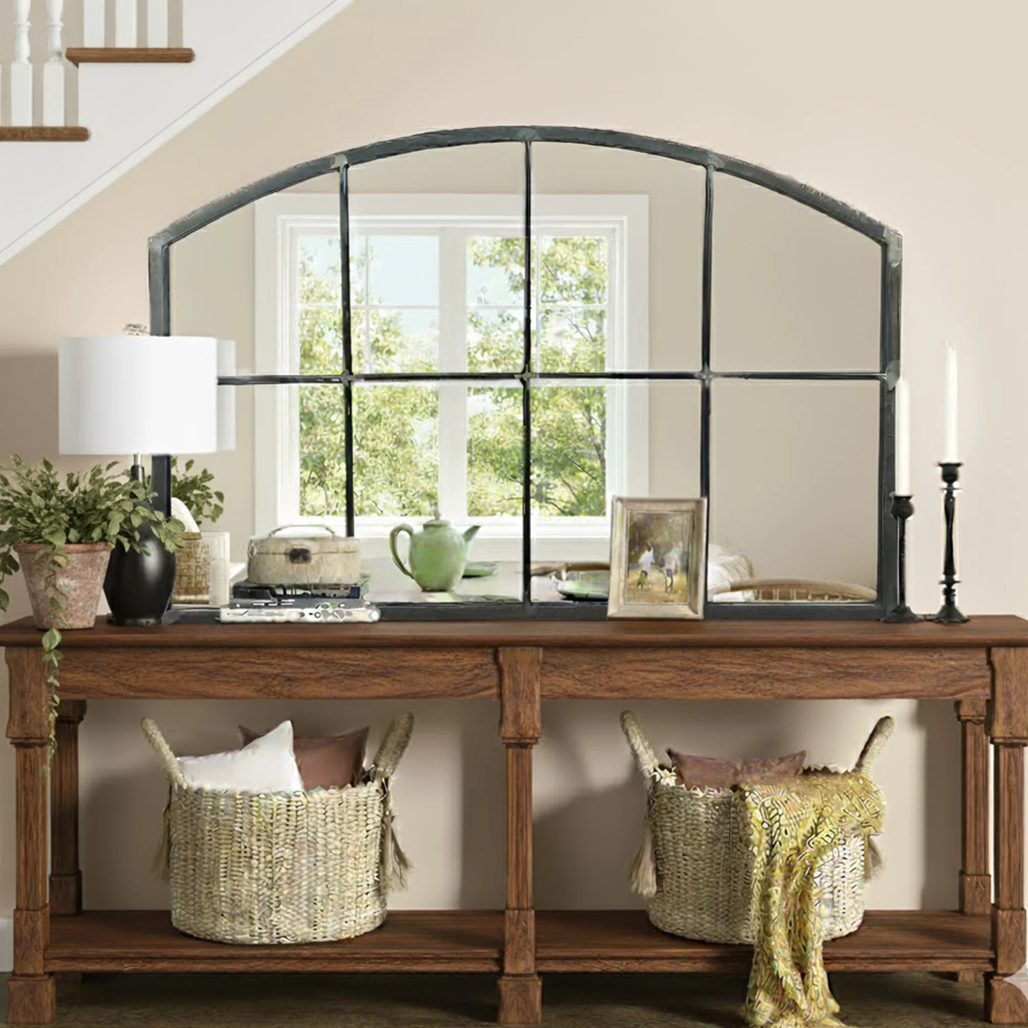Ebern Designs Industrial Arch Windowpane Wall Mirror, 41.3"x27.6", Metal Frame Decorative Mirror ... | Wayfair North America