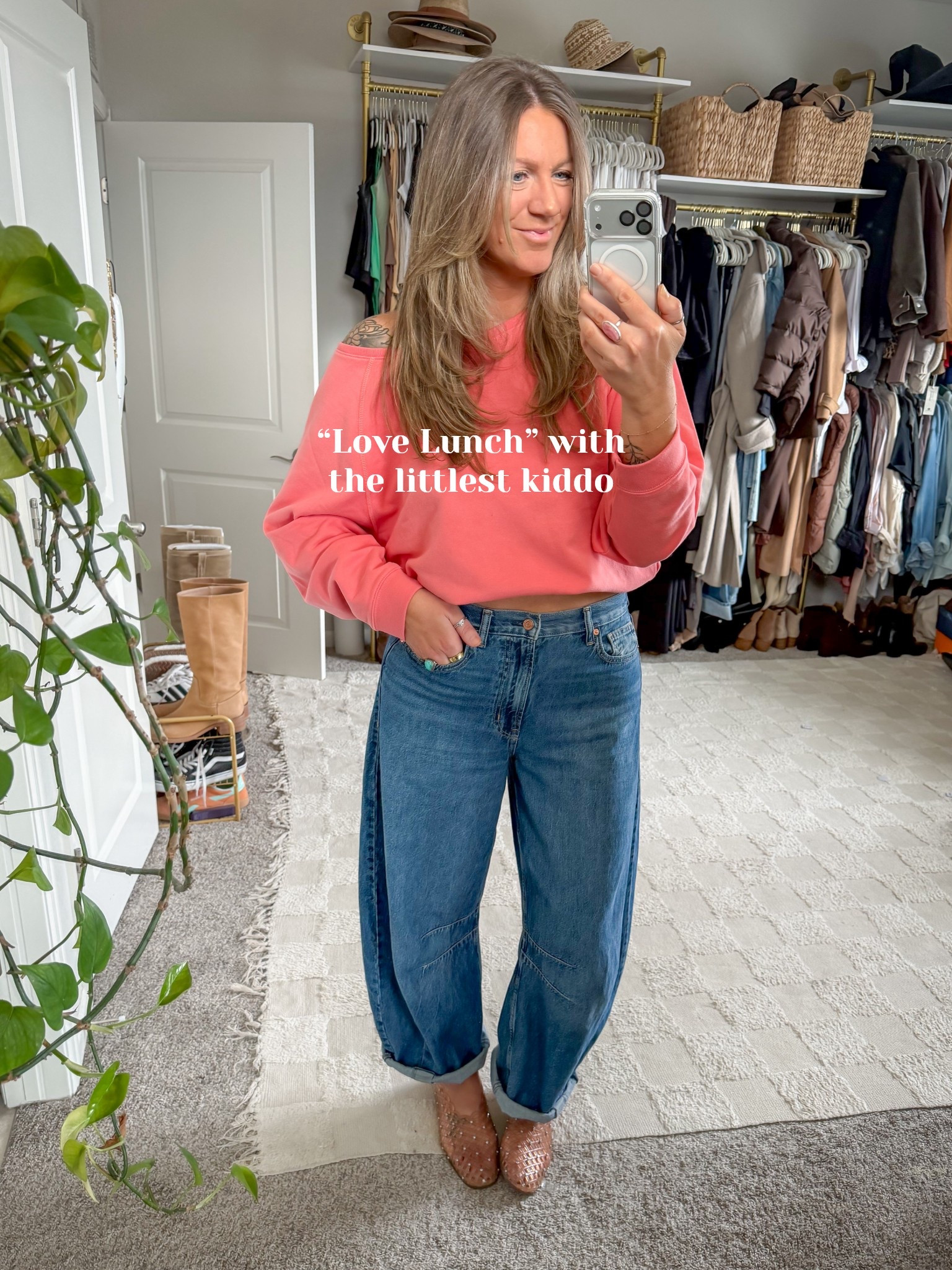 Outfit for “Love Lunch” with the littlest kid 🥰 large sweatshirt, 30 tall jeans, 11 flats (saved US & Canada links) 

#LTKValentine #LTKOver40 #LTKTall