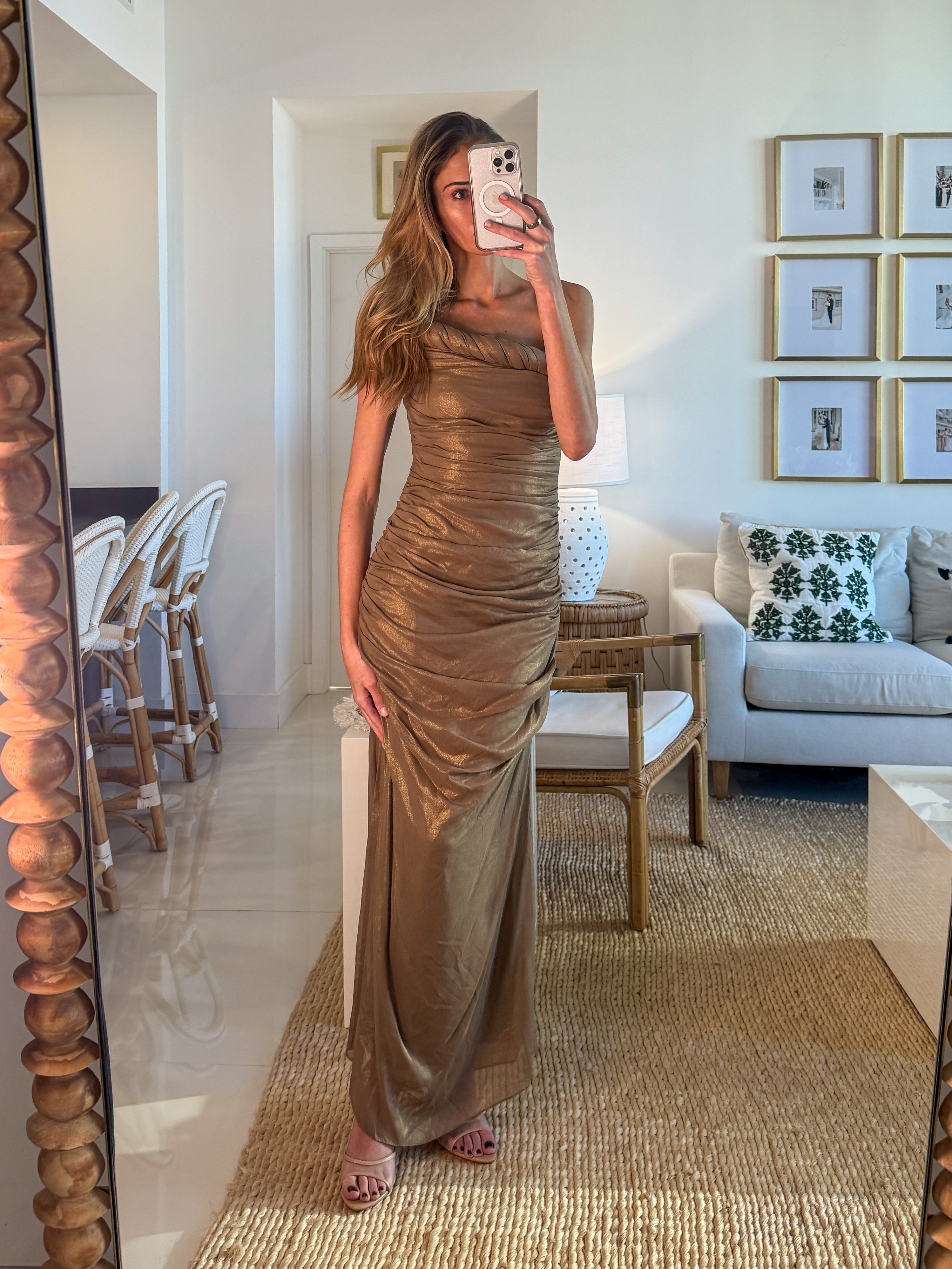 Cult Gaia Jess Gold Dress. 💫 Wearing a size 2. I’m 5’10” for reference. Tags: cult gaia jess gold dress, cult gaia dress dupe, cult gaia dress dupes, gold maxi dress, gold gown, gold formal dress, gold wedding guest dress, gold bridesmaid dress, gold evening gown, strapless maxi dress, ruched maxi dress, black tie dress, metallic gown, gala dress