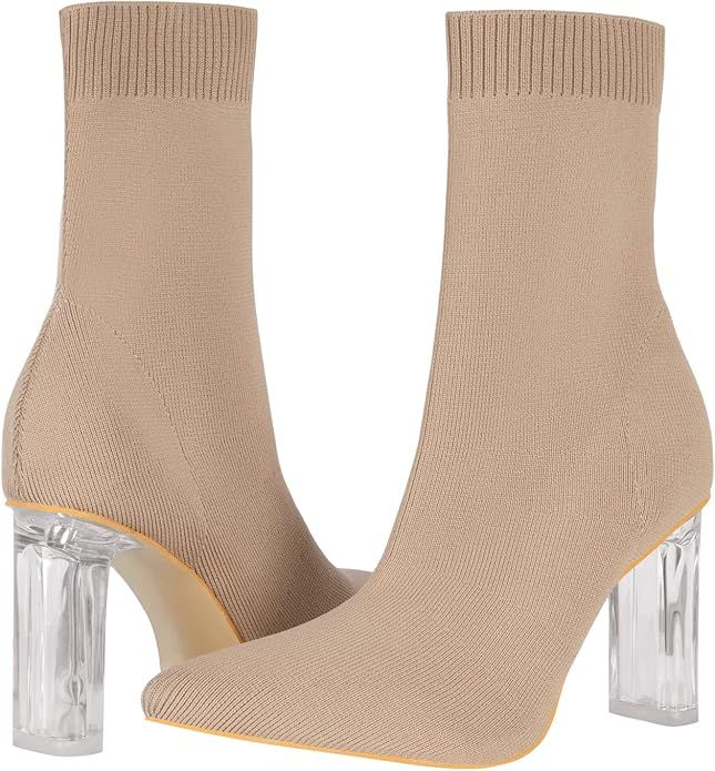 Shoe'N Tale Women's Knit Sock Ankle Boots Pointed Toe Clear Mid Heel Slip-on Stretch Booties Shoe... | Amazon (US)
