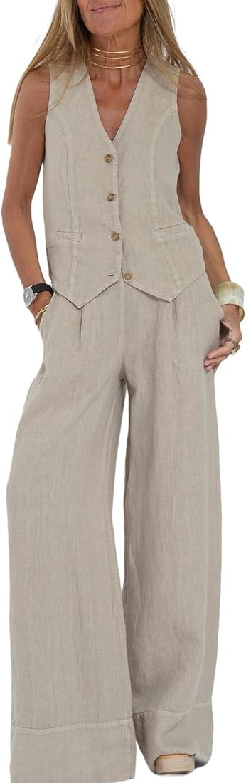 Womens V Neck Sleeveless Crop Vest Wide Leg Pants Sets 2 Piece Blazer Suits Summer Linen Matching... | Amazon (US)
