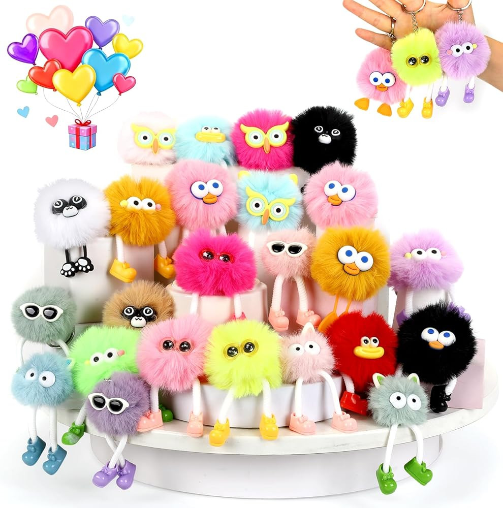 Classroom Valentines Day Gifts For Kids: 24 Pack Cute Fluffy Keychains For School Exchange - Bulk... | Amazon (US)