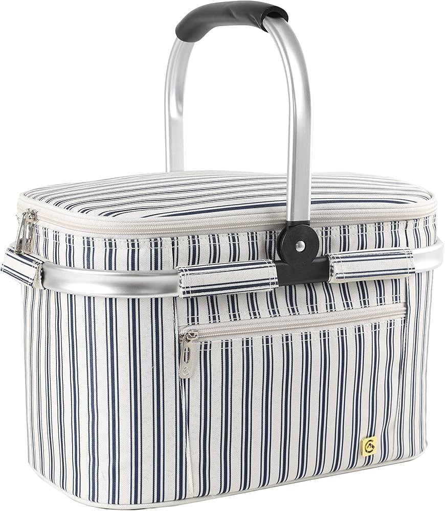 ALLCAMP OUTDOOR GEAR Foldable Picnic Basket Cooler Basket Set (Medium, Blue Stripe) | Amazon (US)