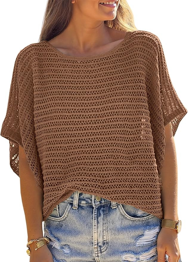 Crochet Cover Up Top Short Sleeve Sweater Summer Tops Loose Hollow Out Knit Pullover Tshirts Beac... | Amazon (US)
