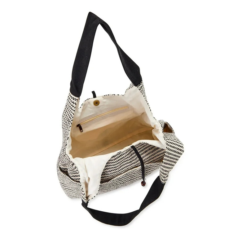 Time and Tru Women's Woven Beach Tote and Pouch, 2-Piece Set Black White | Walmart (US)