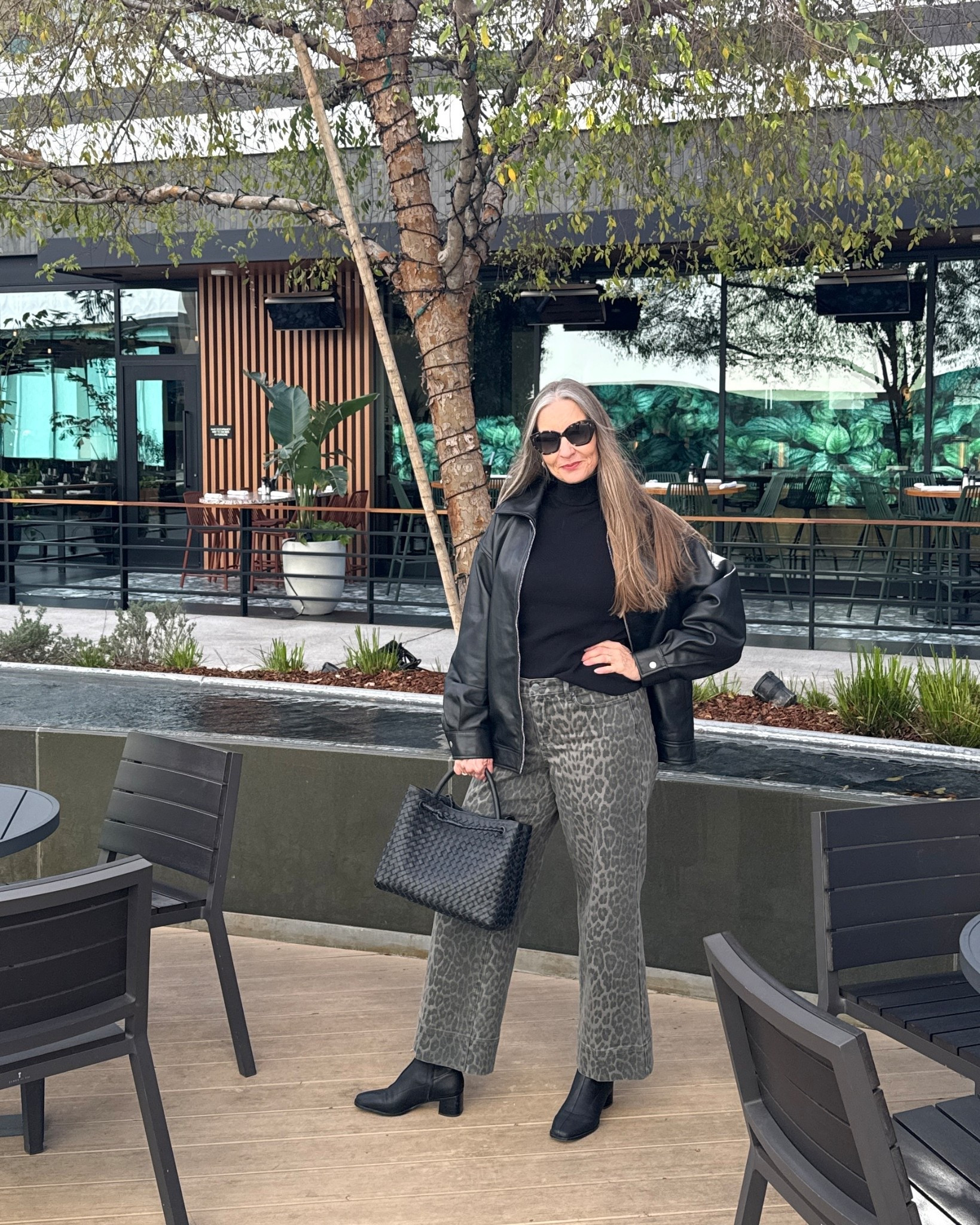 Green leopard jeans?! Yes, love this denim look, subtle print and flattering! Wearing with this oversized leather jacket. Size down one size in jeans. Everything else true to size. 

#LTKOver40 #LTKMidsize #LTKootd