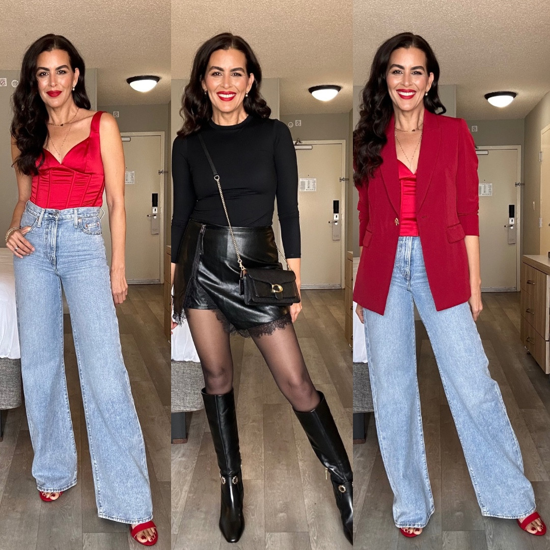 ‼️All details here⬇️
• size small in the red corset top
• size 4 in the red blazer.
• Wearing a size 25 x 34” in the Levi’s rib cage white leg jeans.
• lipstick color is ruby woo.
Outfit #2:
•Size small in the black top.
• Size medium in the black faux leather skort. Size up, rubs small.
•Boots are tts, and perfection. 
#macysparter @macys
#valentinesdayoutfits


#LTKGiftGuide #LTKStyleTip #LTKMostLoved