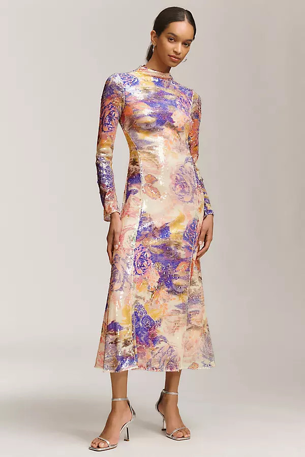 BHLDN Sequin Mock-Neck Long-Sleeve Maxi Dress | Anthropologie (US)