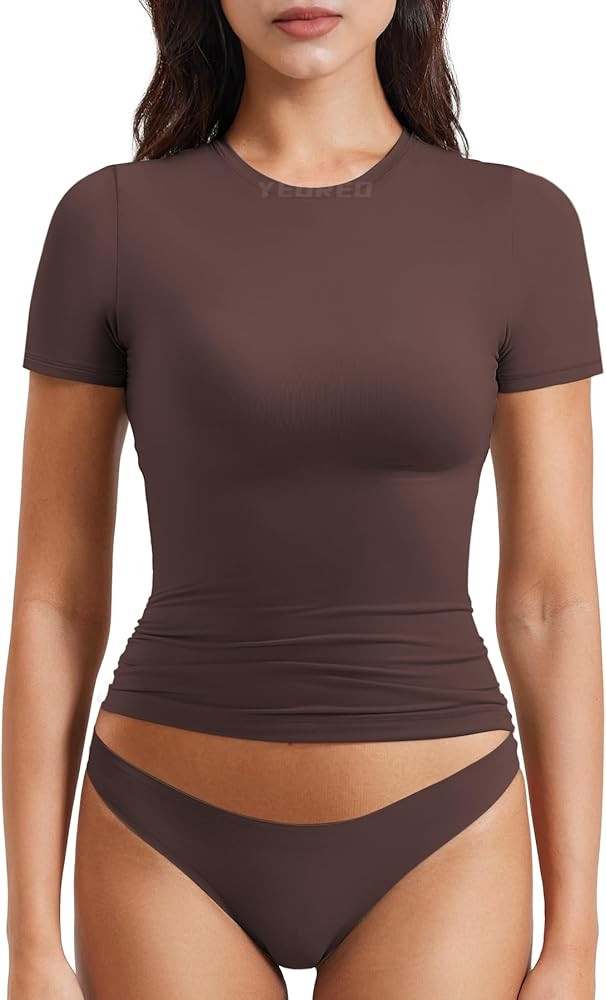 YEOREO Women Fitted Workout Tops Short Sleeve Double Lined Basic Y2K Going Out Crew Neck Compress... | Amazon (US)