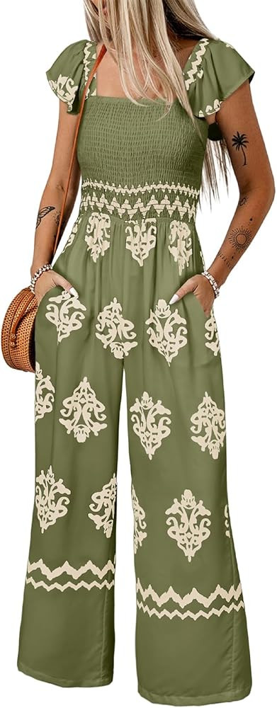 Happy Sailed Womens Summer Jumpsuits Printed Square Neck High Waisted Pockets Wide Leg Rompers Be... | Amazon (US)