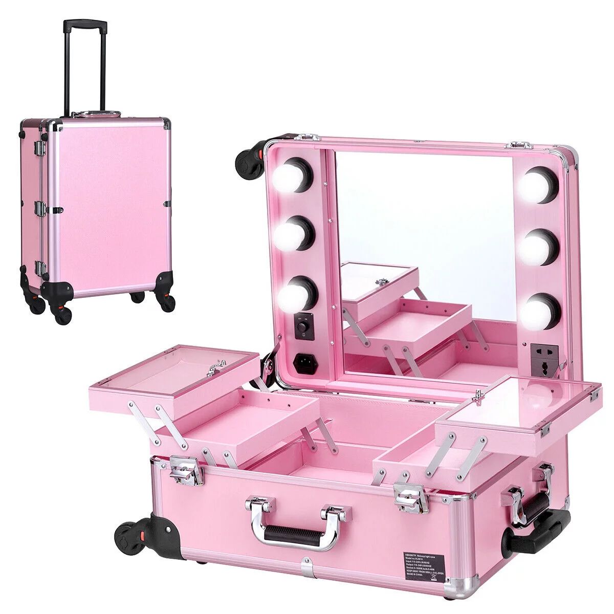 Costway Pro Studio Artist Train Rolling Makeup Case Light Wheeled Organizer Case Pink | Walmart (US)