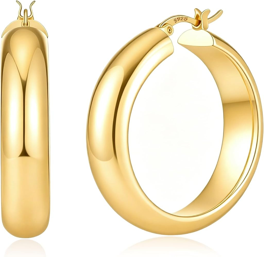 Chunky Gold Hoop Earrings for Women Large 14K Gold Plated Hoops Earring | Amazon (US)