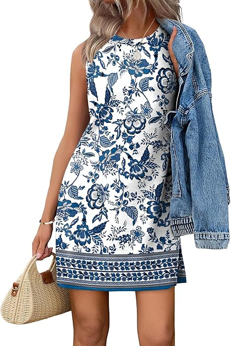 WIHOLL Casual Dresses for Women Crewneck Sleeveless Tank Dress Summer Spring Boho Vacation Clothe... | Amazon (US)
