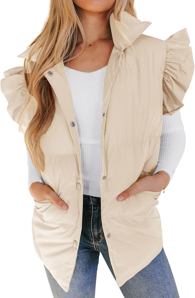 Yimoon Women's Ruffle Puffer Vest Lightweight Sleeveless Padded Gilet Oversized Warm Outwear Vest... | Amazon (US)