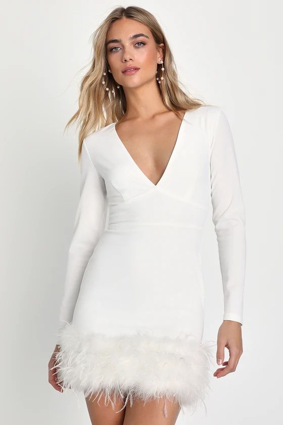 Enthusiastic Charm White Long Sleeve Feather Bodycon Mini Dress | Lulus (US)
