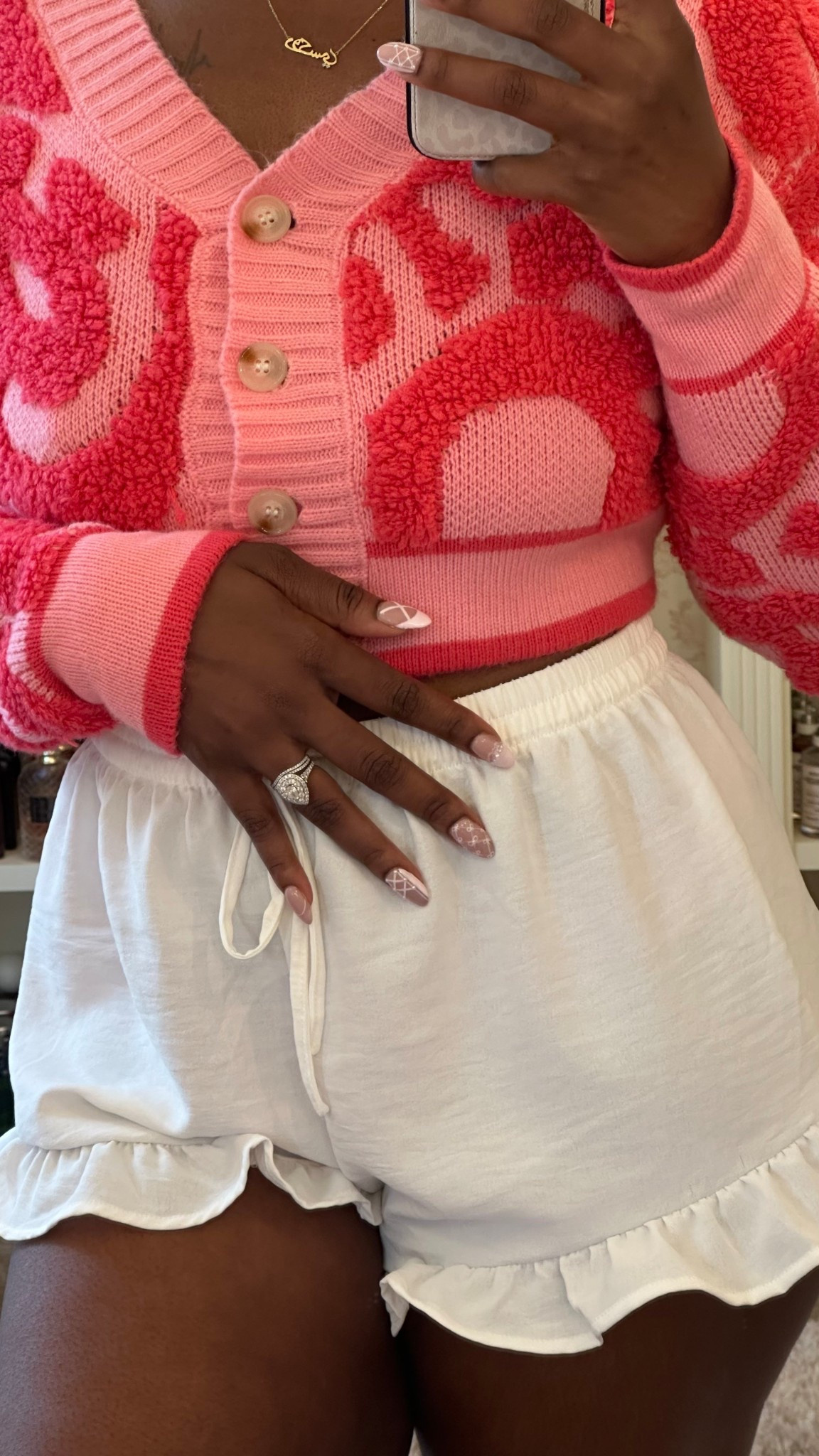 Y2K cropped color block pink sweater , 2 piece ruffle pajama set 