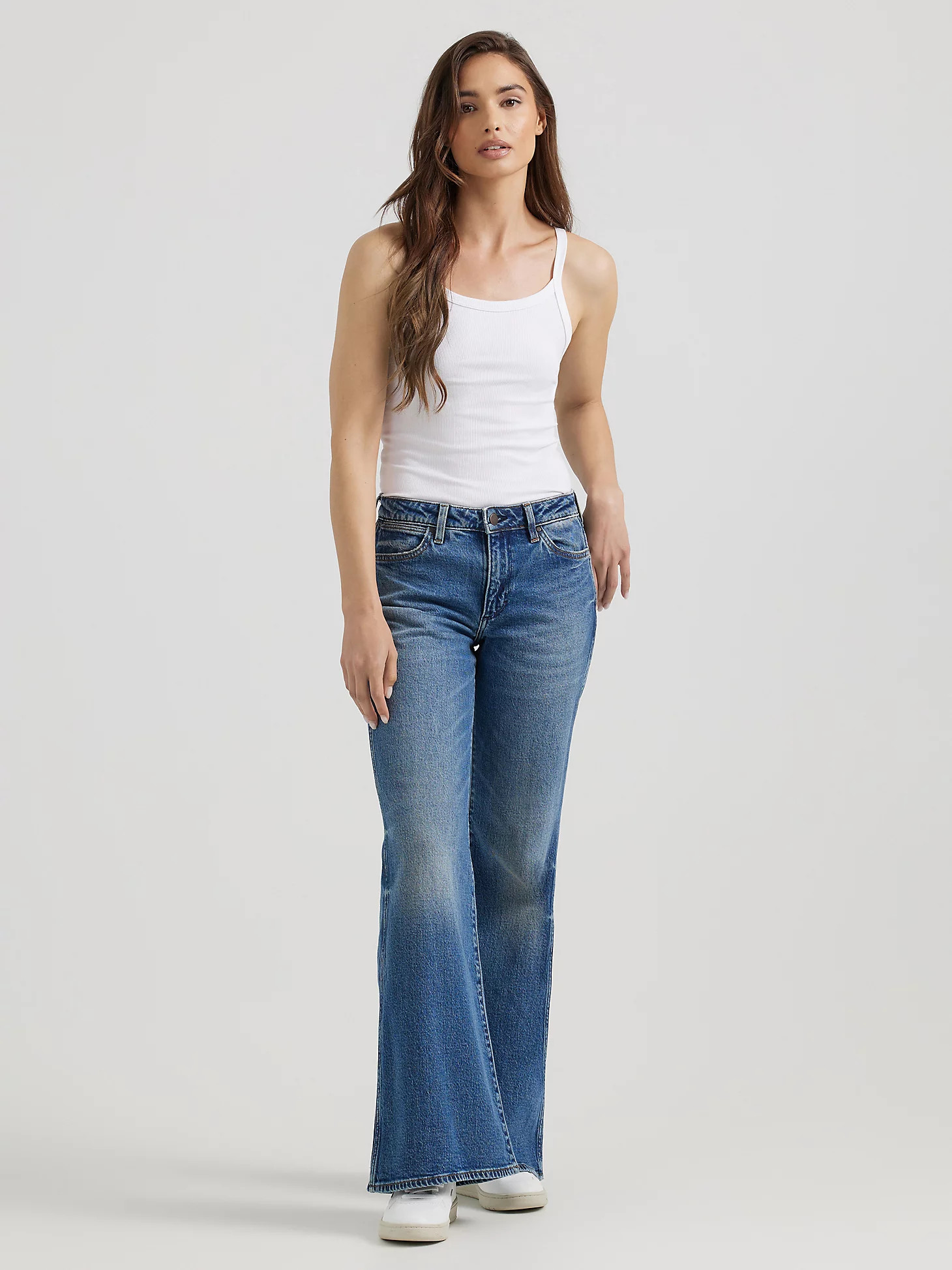Women's Wanderer Mid Rise Flare Jean in Mid Stone | Wrangler