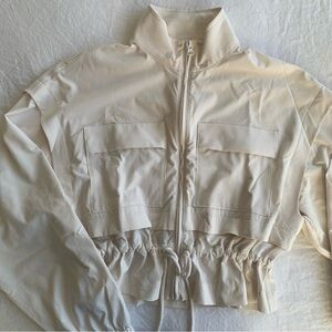 Alo Cropped Ready Set Jacket Mock Turtle Neck Tie Cinched Waist Coat Beige Cream | Poshmark