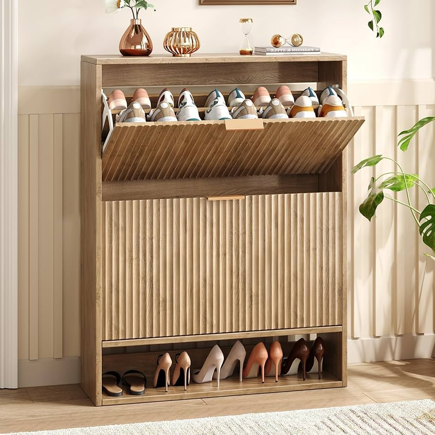 31.5''W Oak Shoe Storage Cabinet for Entryway with 2 Flip Drawers, Narrow Wood Fluted Shoe Rack C... | Amazon (US)