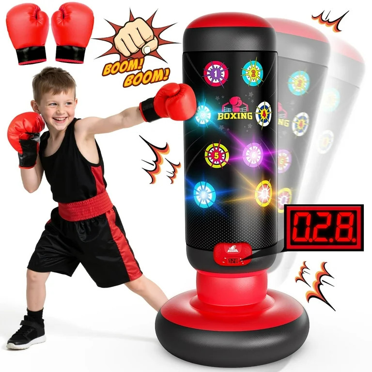 Hot Bee Kids Boxing Bag with Lights & Music, Red Inflatable Punching Toy with Gloves, 4 Interacti... | Walmart (US)