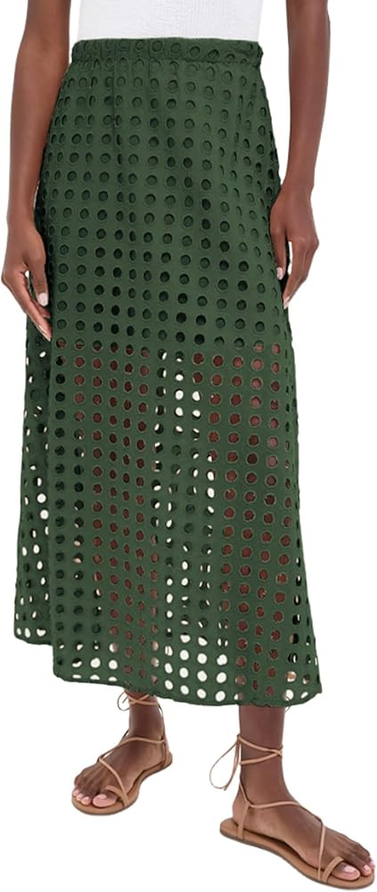 Ailoqing 2026 Summer Casual Long Skirt for Women Cotton Eyelet Beach Maxi Skirt with Underneath | Amazon (US)