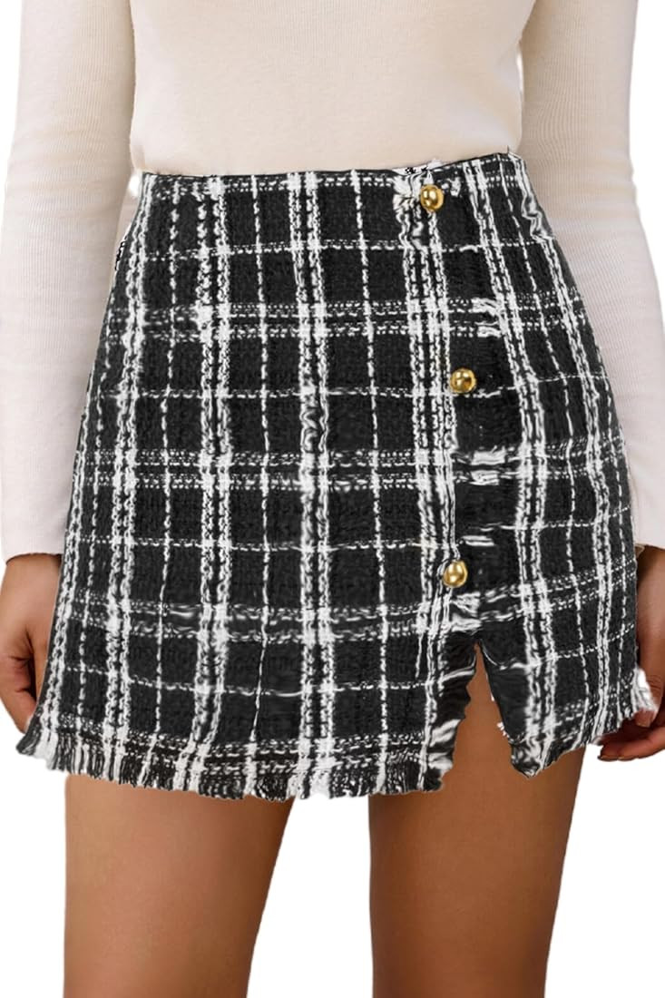 Kate Kasin Women's Plaid Tweed Skirt High Waist Button Front Split Bodycon Pencil Mini Skirts | Amazon (US)