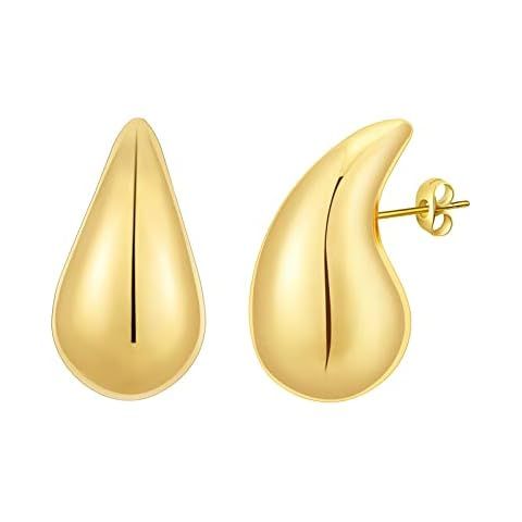 PANSHI Sterling Silver Post Gold Drop Earrings | Lightweight Chunky Gold Hoop Teardrop Earrings f... | Amazon (US)
