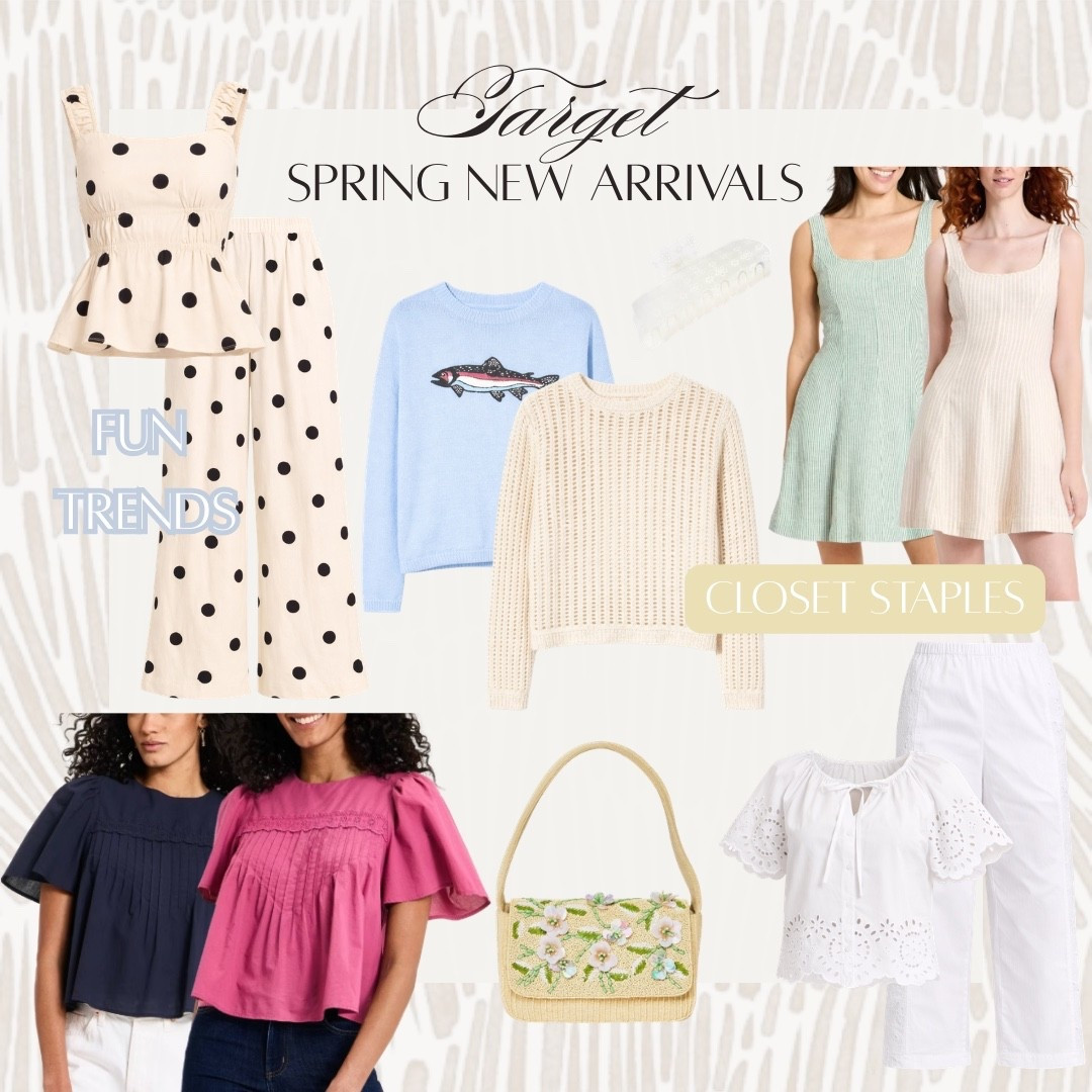 @Target  spring new arrivals are giving fun trends AND closet staples all in one haul! 🌸 

A polka dot two-piece set, novelty sweater, ribbed mini dresses, smocked flutter tops, a gorgeous beaded bag, and the prettiest white eyelet top — spring dressing has never been easier.

#LTKootd #LTKSeasonal #LTKSpringSale