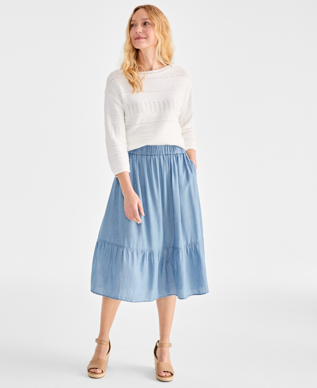 Style & Co Petite Chambray Tiered Midi Skirt, Exclusively at Macy's - Anna Wash | Macy's