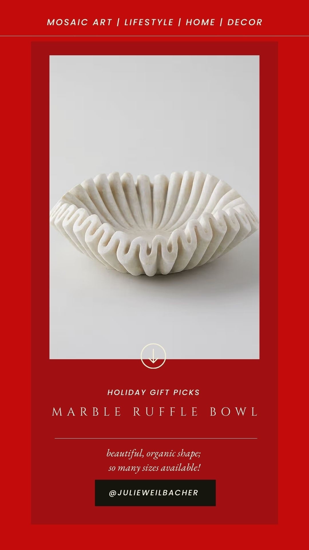 I’m a bit obsessed with marble ruffled, scalloped bowls. They’re beautiful and the design is mesmerizing. This bowl was cut from the same piece of stone. It’s perfect for keys in your entryway, jewelry on your bedside table, and sweet items from trips you’ve taken. It’s available in many sizes.

And as a mosaic artist, it would be fun to add some tile work in the center, on the flat area of the bowl. For mosaic tips, tutorials + inspiration please visit my YouTube channel: YouTube.com/julieweilbacher. Follow @julieweilbacher on Instagram for all things mosaic art.

#stonebowl #ruffledbowl #scallopedbowl #entrywaydecor #naturaldecor #mosaic #minimaldecor #minimalhomedecor #giftsforthehostess #hostessgifts #teachergifts

#LTKGiftGuide #LTKFindsUnder50 #LTKHome