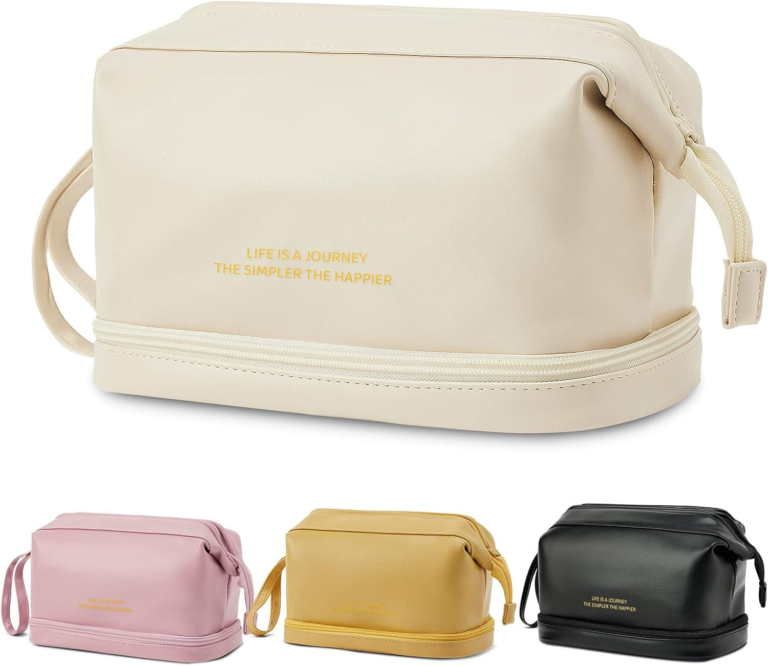 Large Makeup Bag, Double Layer Cosmetic Travel Bag, Waterproof Leather Makeup Bag for Women and G... | Amazon (US)