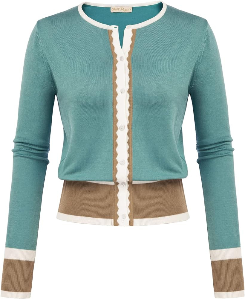 Women's Cardigan Sweater Color Block Long Sleeve Crew Neck Knit Cardigan Trendy Cropped Cardigan ... | Amazon (US)