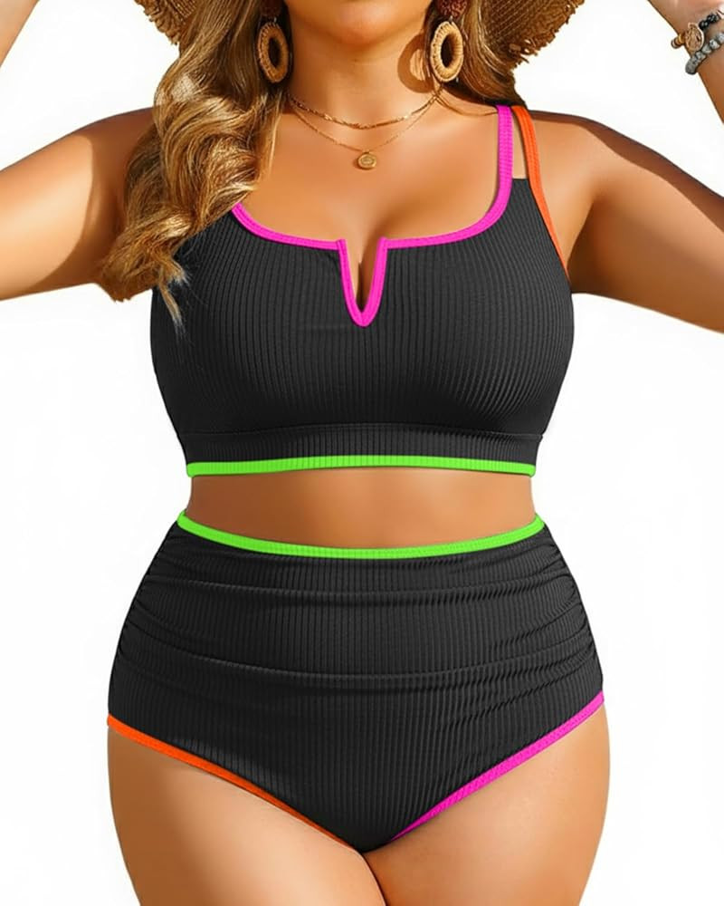 Yonique Women Plus Size High Waisted Bikini - Ribbed Two Piece Swimsuit Tummy Control Bathing Sui... | Amazon (US)