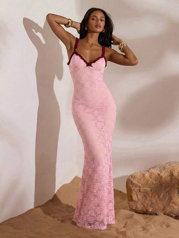 Opulessa Vacation Solid Color Knit Lace Bodycon Dress For Women,Pink Dress | SHEIN