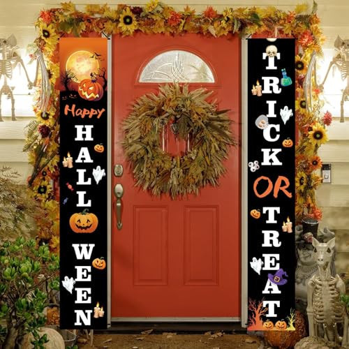 Halloween Decorations Outdoor Banner Halloween Banner Trick or Treat Happy Halloween Front Porch Sign Hanging Banner Porch for Front Door Halloween Party Welcome Signs Wall Decor | Amazon (US)