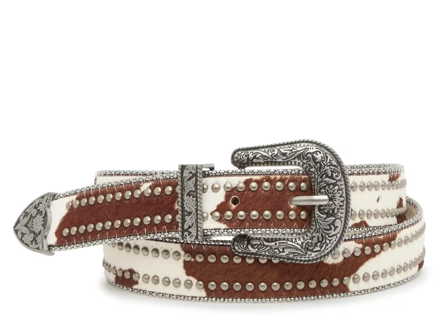 Vince Camuto Cow Western Stud Belt | Women's | Brown/White Cow Print Calf Hair Leather | Size L | Belts | DSW
