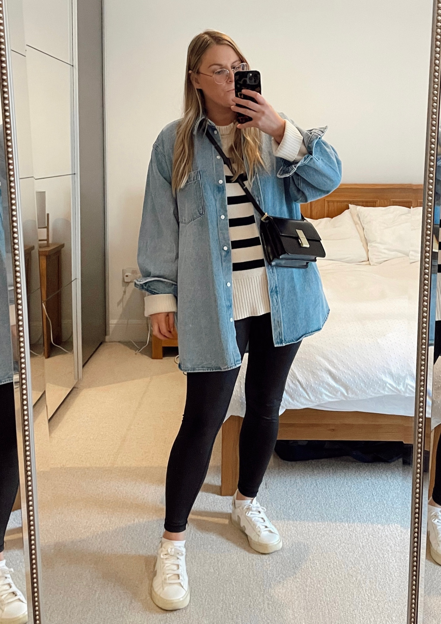 Casual denim oversized H&M shirt look with striped Jumper and leggings! Casual chic look 

#LTKfit #LTKunder50 #LTKeurope